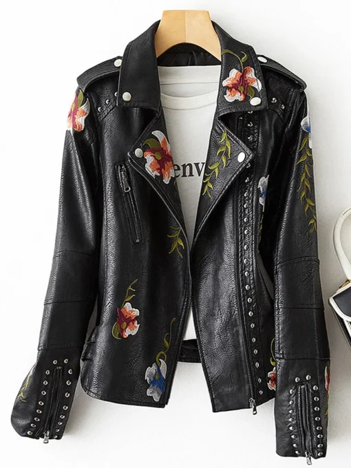 Retro Floral Print Embroidery Faux Soft Leather Jacket - Image 2
