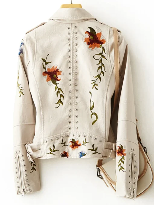 Retro Floral Print Embroidery Faux Soft Leather Jacket - Image 3