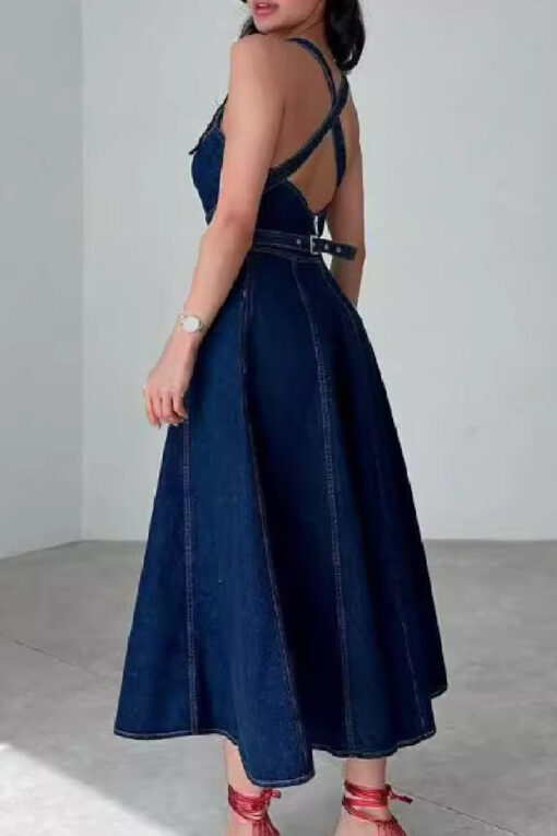 Casual Solid Color U Neck Sleeveless Bodycon Denim Dresses - Image 3