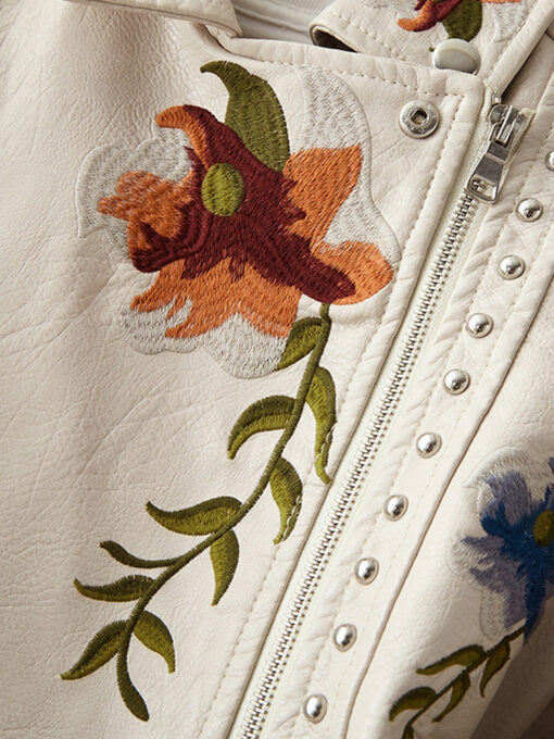 Retro Floral Print Embroidery Faux Soft Leather Jacket - Image 4