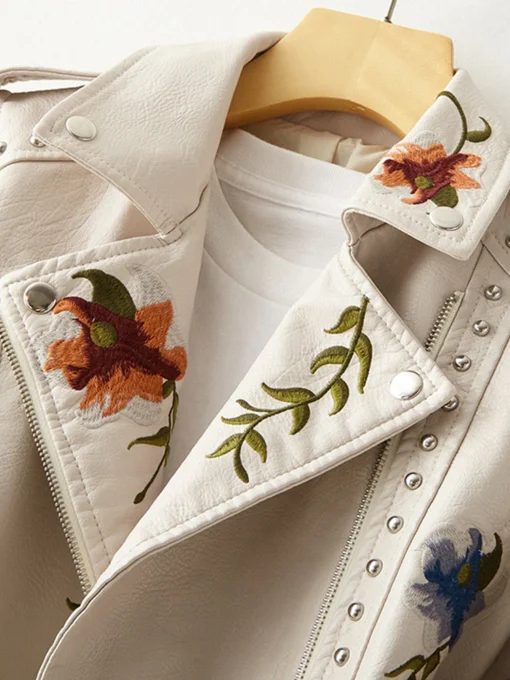 Retro Floral Print Embroidery Faux Soft Leather Jacket - Image 6